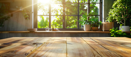 wooden table in the blurred kitchen with sun shining