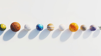 Aesthetic flat lay realistic planet models. Light background. Space and galactic education concept. Generative AI