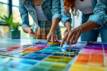 Obraz premium Designer analyzing color palettes and textures. Close-up photography. Design for interior planning, material selection, and construction strategy concept 