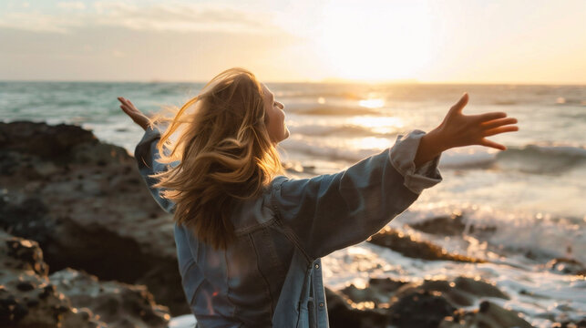 Happy young woman with raised hands standing on the beach at sunset