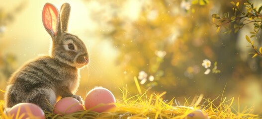 Fototapeta na wymiar Easter Bunny with Eggs in Grass