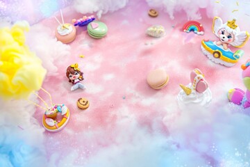 a huge pink carpet with a spacious center surrounded by many cute toys. The pink color scheme, macaron color scheme, bright color