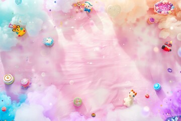 a huge pink carpet with a spacious center surrounded by many cute toys. The pink color scheme, macaron color scheme, bright color