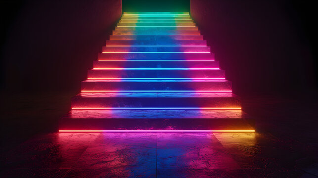 abstract concept of a 3d render of a futuristic colorful neon rgb led lights stage podium on dark black background. stair levels going up