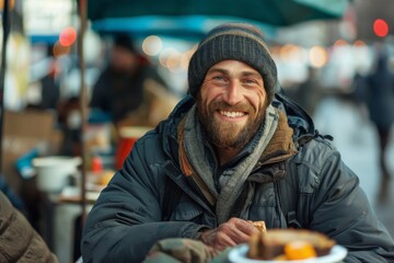 Homeless man enjoying a meal with a smile, under the city lights, evoking community warmth. Contrasts life's challenges with moments of happiness, ideal for content on social aid and resilience.