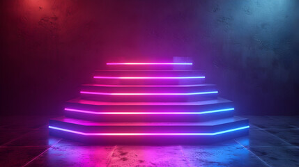 abstract concept of a 3d render of a futuristic colorful neon rgb led lights stage podium on dark black background. stair levels going up