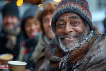Homeless man's heartwarming smile in vibrant cafe reflects resilience and community warmth. Ideal for content on social aid and human condition. Suitable for features and advocacy.