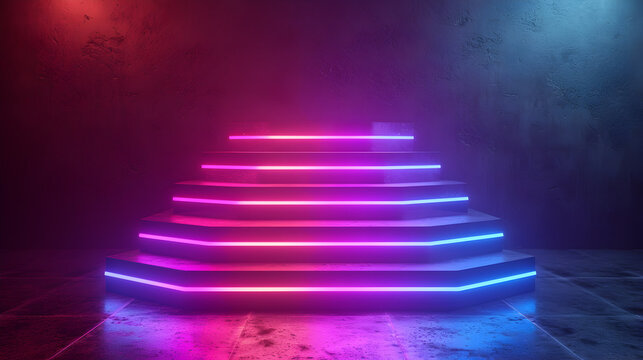 abstract concept of a 3d render of a futuristic colorful neon rgb led lights stage podium on dark black background. stair levels going up