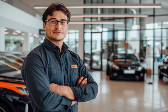 Car dealership salesman smiling