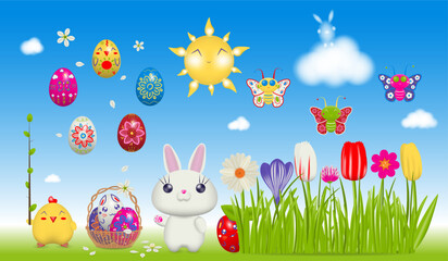 Happy Easter, set of items for composition. Vector illustration