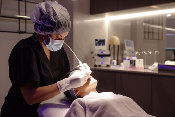 Aesthetic surgeon performs rhinoplasty in modern clinic