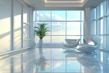 Sunlit modern lounge in luxury clinic