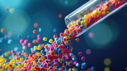 A colorful stream of multicolored plastic beads gushing out of a glass jar against a blurry vibrant bluish backdrop with space, Generative AI.