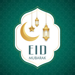 Eid mubarak moon and mosque greeting with mosque  background Free Vector