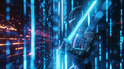 A 3D, clean, and surrealistic portrayal of a cyber warrior wielding a digital sword made of light, guarding the entrance to a virtual realm of data, merging fantasy with cybersecurity