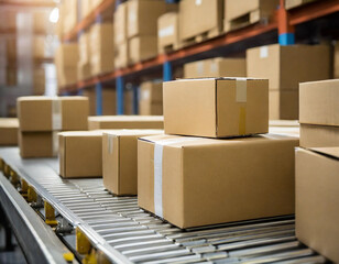 Boxes in warehouse traveling on delivery belt, storage, storage solution, logistics