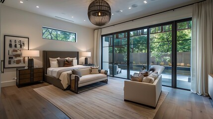 Modern style large bedroom with a statement pendant light fixture and a seating area with a loveseat and a pair of accent chairs - obrazy, fototapety, plakaty