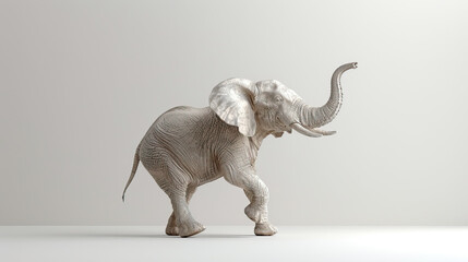 happy elephant with trunk up in air, on neutral white background 