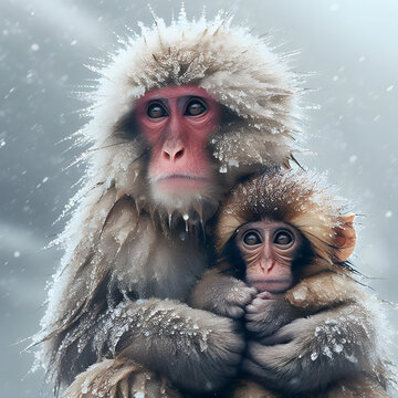 monkey in snow. Japanese Snow monkey Macaque mother hug its baby to prevent cold near hot spring pond of Jigokudani Park at winter,. mother and baby. mother and child. monkey family. Snow monkey