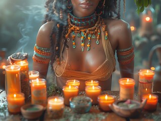 Mystical ambiance with tribal woman and candles