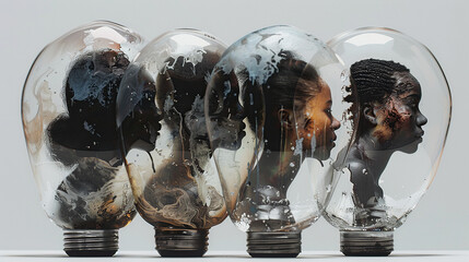 Business culture concept of Diversity, inclusion, equality, honesty, belonging, shown by different people inside glass bulbs - obrazy, fototapety, plakaty
