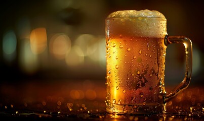 A beer glass with tiny drops that indicate the perfect cooling of the drink, providing a great refreshing experience with copy space.