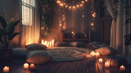 A relaxing, cozy meditation room with cushions, candles and warm lights. - obrazy, fototapety, plakaty