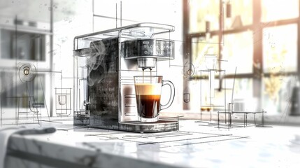 Sketch of an espresso machine pouring fresh black coffee into a glass coffee cup. - obrazy, fototapety, plakaty
