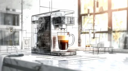 Foto op Plexiglas Sketch of an espresso machine pouring fresh black coffee into a glass coffee cup. © AIExplosion
