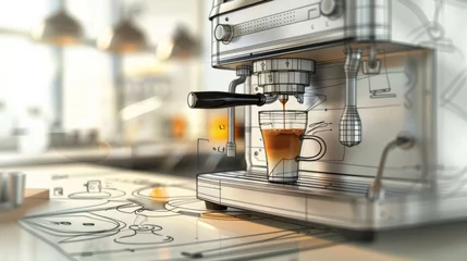 Poster Sketch of an espresso machine pouring fresh black coffee into a glass coffee cup. © AIExplosion