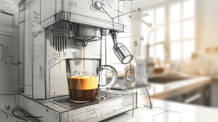Sketch of an espresso machine pouring fresh black coffee into a glass coffee cup. - obrazy, fototapety, plakaty