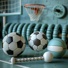 a gym background, featuring the equipment of five sports: a soccer ball, a basketball hoop, a...