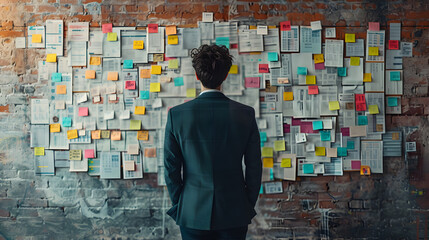 Back view of casual businessman reading sticky notes attached on wall in the office. Maximize work efficiency concept with paper notes
