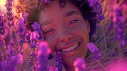 A lavender field, a smiling model girl surrounded by blooming flowers.