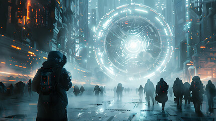 people in the city ready to roams in the portal. - obrazy, fototapety, plakaty