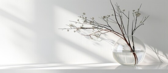 Transparent glass vase with branches on white background and natural light.