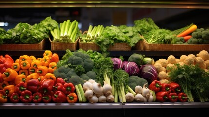 Fresh fruits and vegetables on the counter of a small market. Ingredients and light snacks. A whole juicy fresh harvest from the farm.