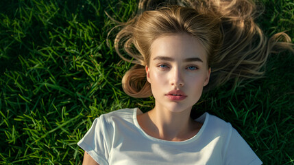 Beautiful young woman lies on the grass. View from the top