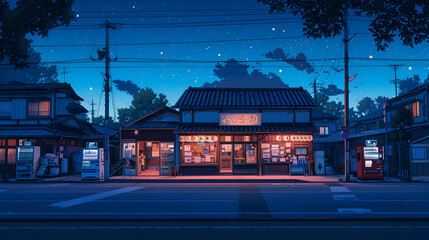 beautiful japanese village city town in the night evening. railway station with shop. anime comics artstyle. cozy lofi asian architecture - Powered by Adobe