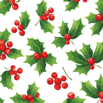 Christmas pattern with holly berry isolated on a wh