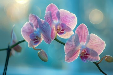 Elegant Pink Orchid Flowers Against Soft Blue Bokeh Background for Serene Nature Concepts