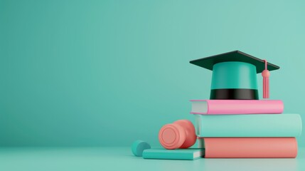 The concept of obtaining higher education and distance learning. A pile of books, a graduation cap, and learning tools. 3D display. clarification.