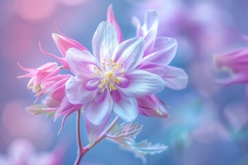 Beautiful Blooming Pink and White Flower with Delicate Petals on a Soft Blue Bokeh Background in Ethereal Light