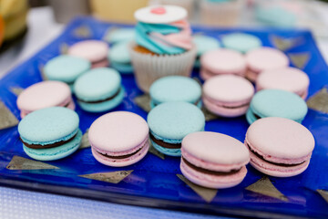 Colorful macarons and cupcakes arranged on blue festive tray