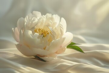 Single Blooming Peony Flower with Soft White Petals and Golden Sunlight on Elegant Satin Fabric Background