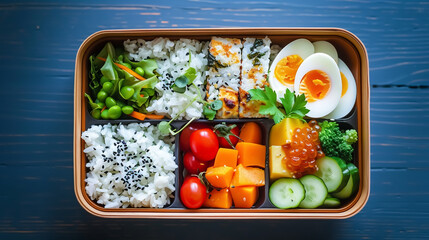 Deliciously Organized: A Bento Lunchbox with Thoughtfully Arranged Compartments - Experience the culinary delight of neatly partitioned food in a traditional bento lunchbox.