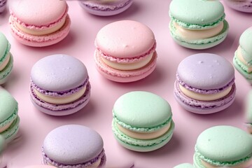 Fototapeta na wymiar Pastel colored macarons arranged in a pattern on a pink background