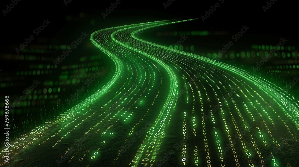 Poster digital road illuminated by green matrix of binary code. digital winding road isolated on black back