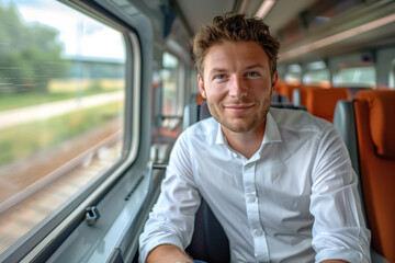 Smiling man traveling by train