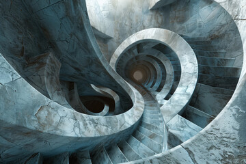 Intricate and mesmerizing abstract fractal spiral architecture with cool tones and surreal depth. Featuring a 3d render of a staircase in a stunning geometric design - obrazy, fototapety, plakaty